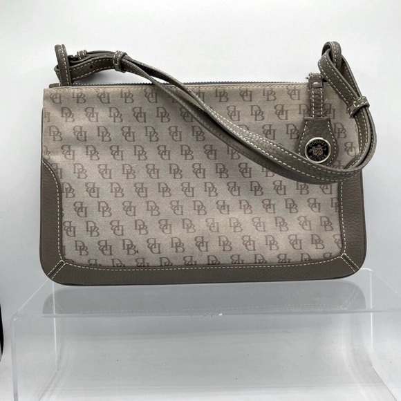 Dooney & Bourke Handbags - Vtg Dooney & Bourke Monogram Slim Zip Top Gray Canvas Shoulder Bag Leather Trim